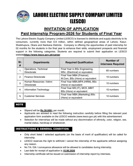 LESCO Internship 2026 Apply Online – Paid Internship Program